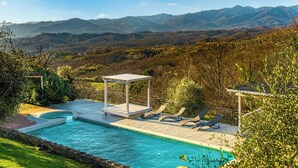 Ein Pool mit Liegestühlen und einer Hütte.