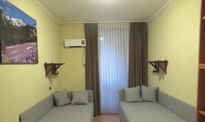 Ein Zimmer mit zwei grauen Sofas, einem Gemälde einer Berglandschaft, einer Klimaanlage und einem Fenster mit Vorhängen.