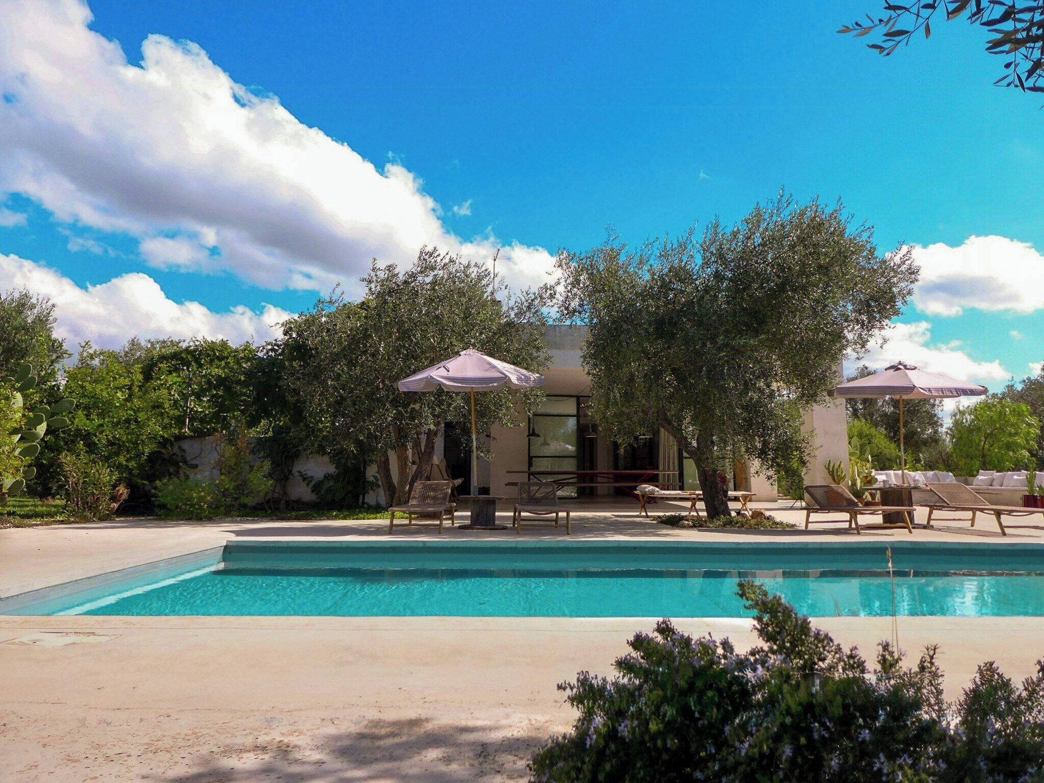 A pool area with lounge chairs and umbrellas, surrounded by trees and a building.