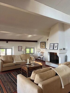 A spacious living room with a large sofa, a coffee table, and a fireplace. - Village house with valley view in Tourrettes (Tourrettes)