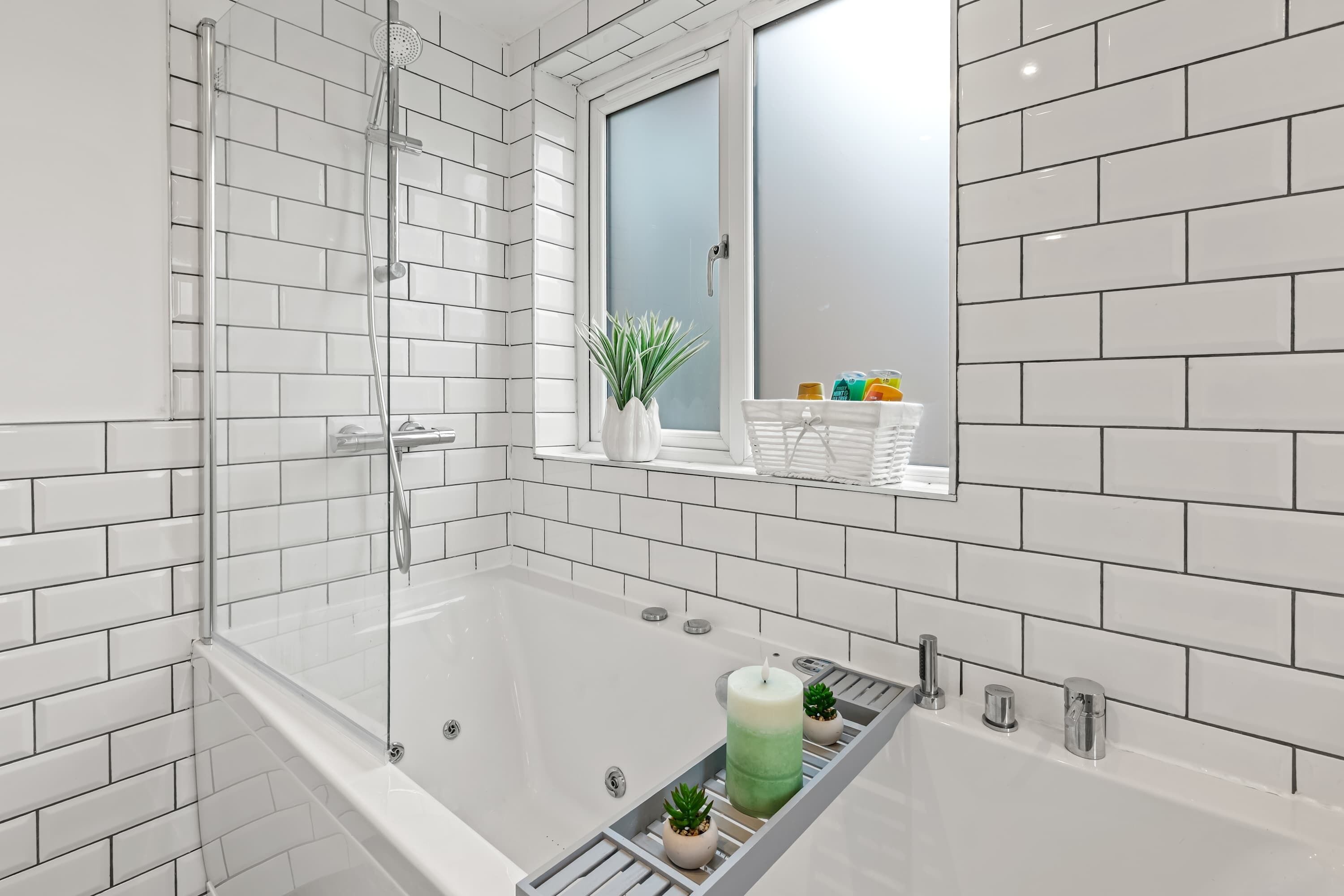 Shower, hair dryer, shampoo