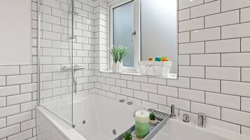 Shower, hair dryer, shampoo