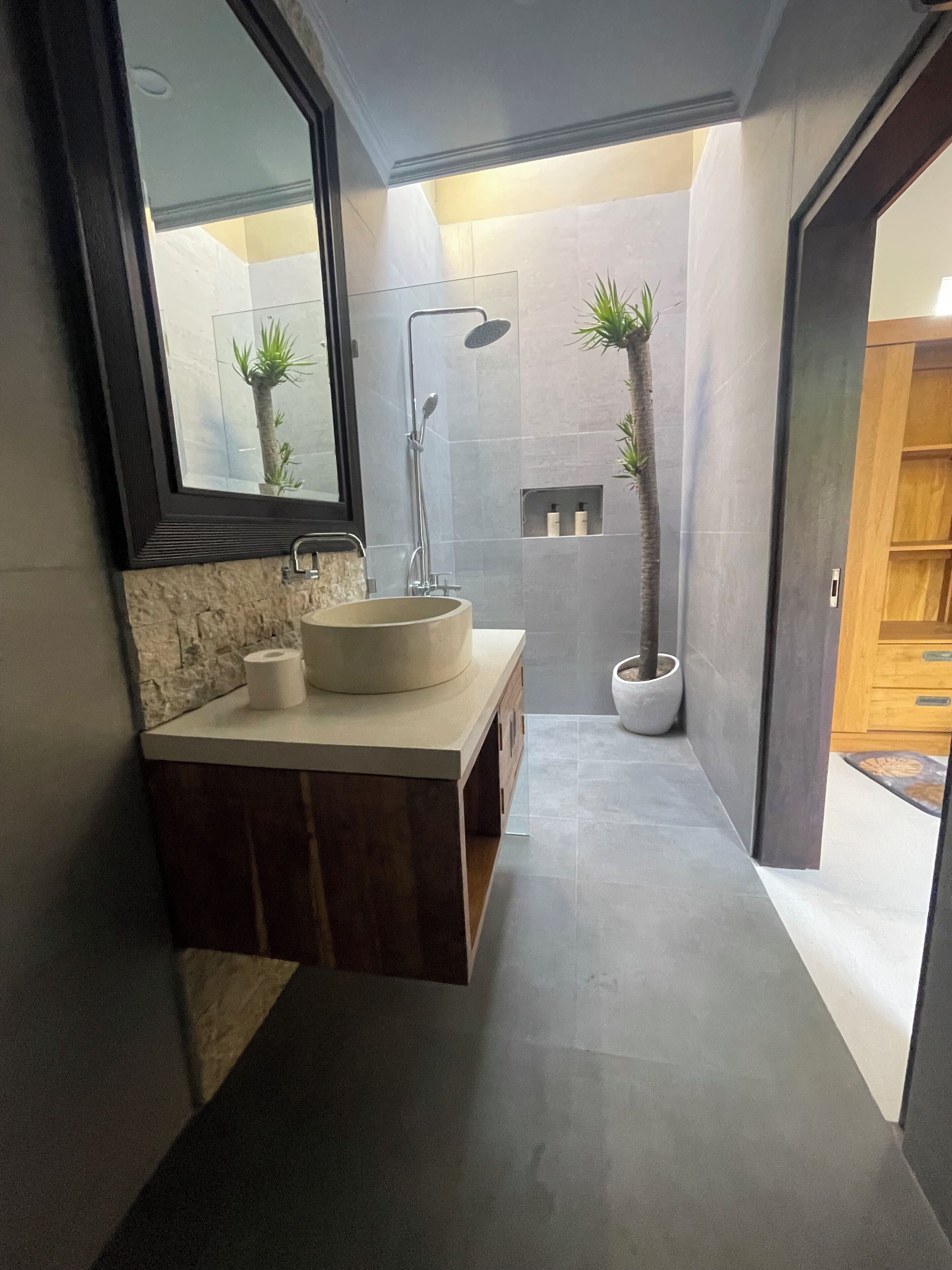 Shower, jetted tub, hair dryer, towels