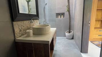 Shower, jetted tub, hair dryer, towels