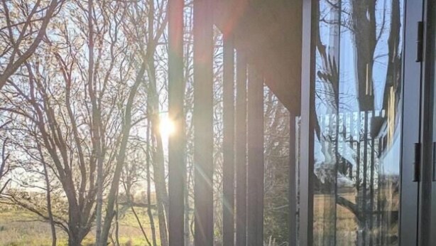 A wooden deck with a glass door leading to a covered outdoor area. - Tiny house overlooking nature (Vordingborg)