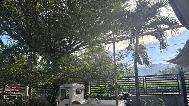 A white pickup truck parked under a tree, surrounded by potted plants and a metal fence. - 2-bedroom house in amazing Davao De Oro with AC comfort (New Bataan)