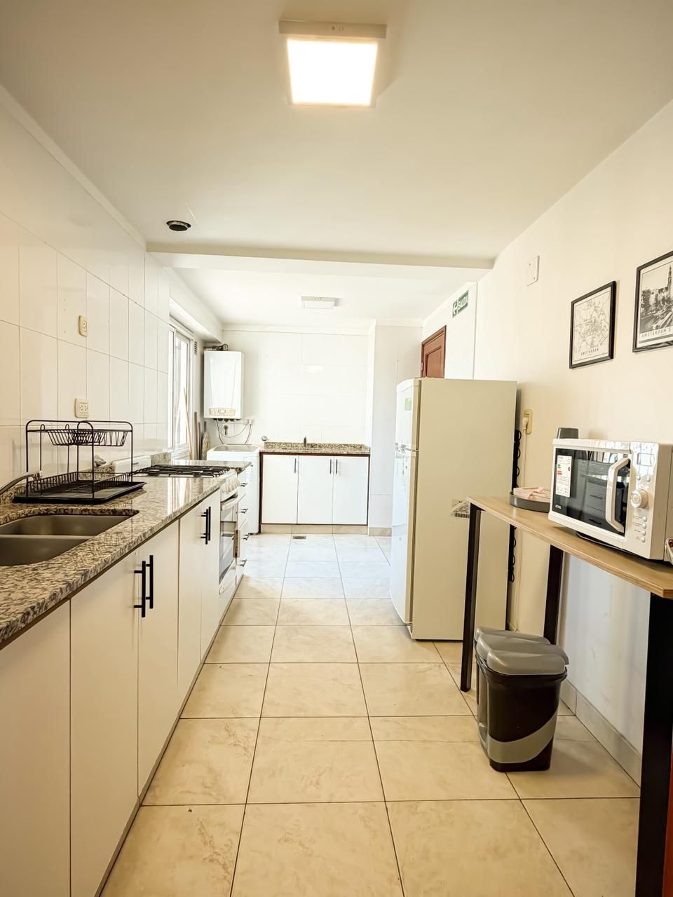 Cocina con armarios blancos, encimera de granito, microondas, cubo de basura y pileta.