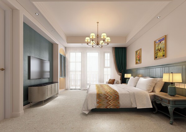 A hotel room with a bed, bedside tables, a TV, and a chandelier. - ACE Lakeview Golf Resort (Vientiane)