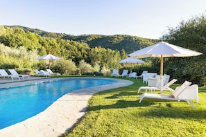 A swimming pool with lounge chairs and umbrellas, surrounded by greenery and hills. - Historic apartment in Tuscan village (Londa)