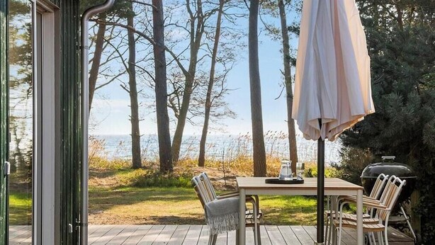 Eine Terrasse im Freien mit Tisch und Stühlen, einem Grill und Blick auf Bäume und Wasser.