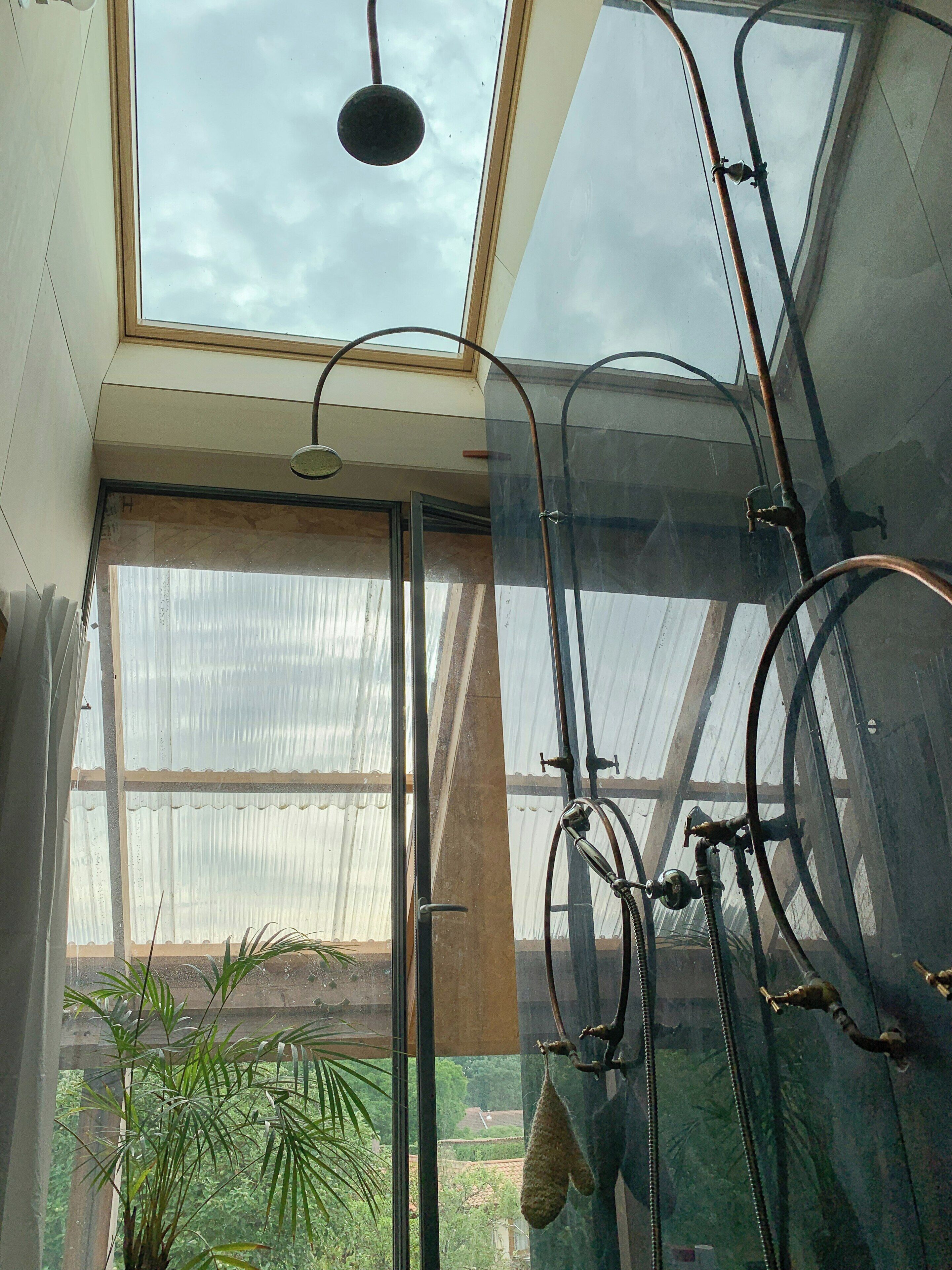 A greenhouse with metal structures, a hanging plant, and a view of the outside.