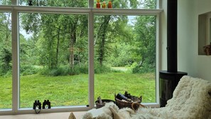Ein Zimmer mit großem Fenster und Blick auf eine bewaldete Landschaft, inklusive Kamin und einer gemütlichen Sitzecke mit Decke.