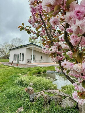Ein Haus mit einem Teich, umgeben von Gras und Steinen.