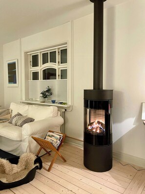 Ein Wohnzimmer mit einer Couch, einem Haustierbett, einem Zeitschriftenständer, einem Kamin und einem Fenster mit Jalousien.