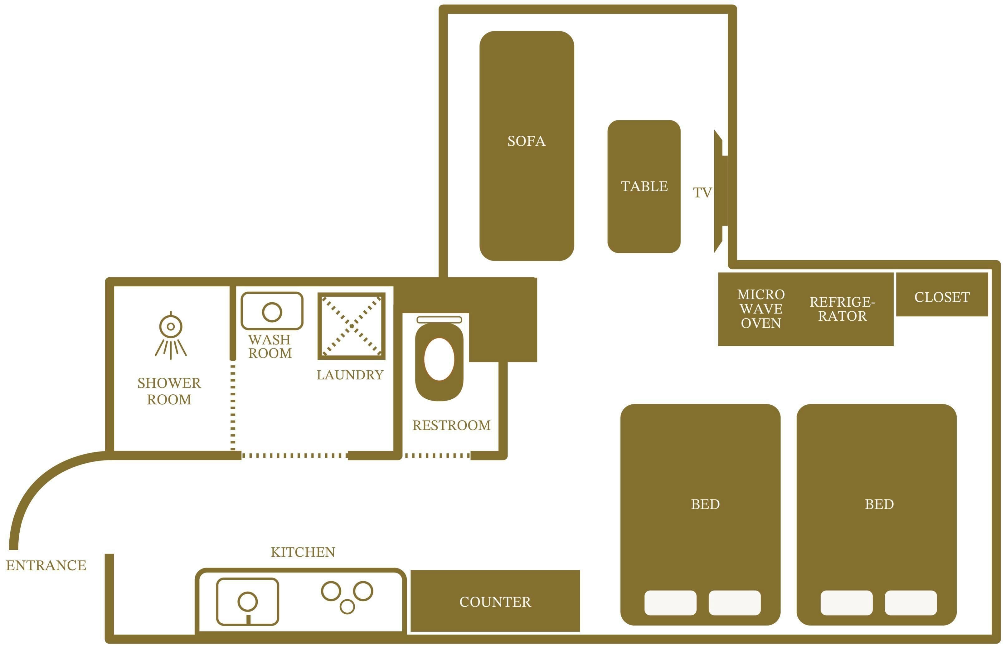 A floor plan of a hotel with a sofa, table, TV, washroom, laundry, restroom, shower room, kitchen, counter, and two beds.
