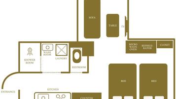 A floor plan of a hotel with a sofa, table, TV, washroom, laundry, restroom, shower room, kitchen, counter, and two beds.