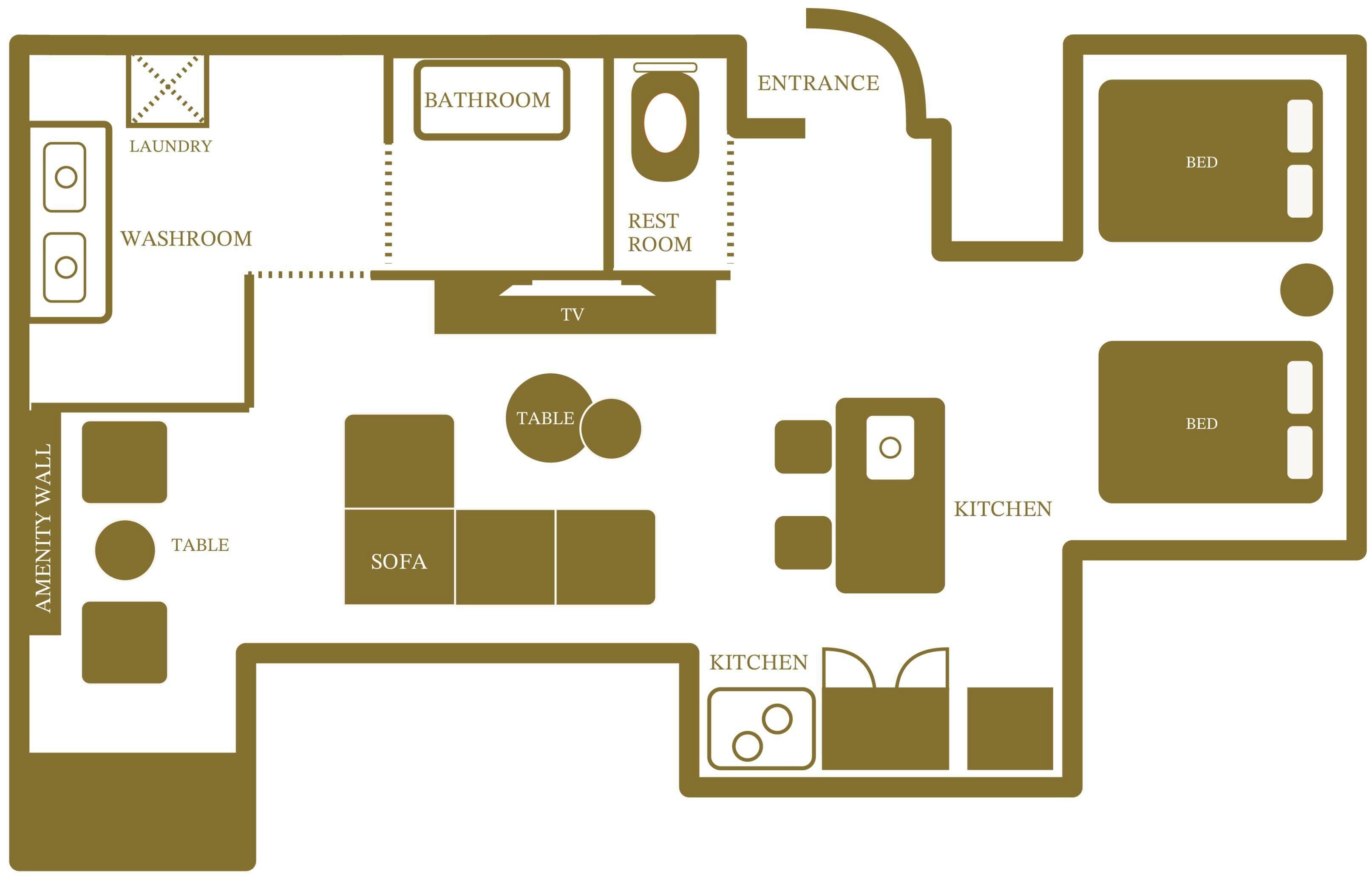 A hotel room layout with a bathroom, laundry, and kitchenette.