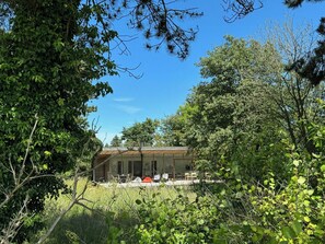 Ein rustikales Gebäude mit Veranda, umgeben von dichtem Grün.