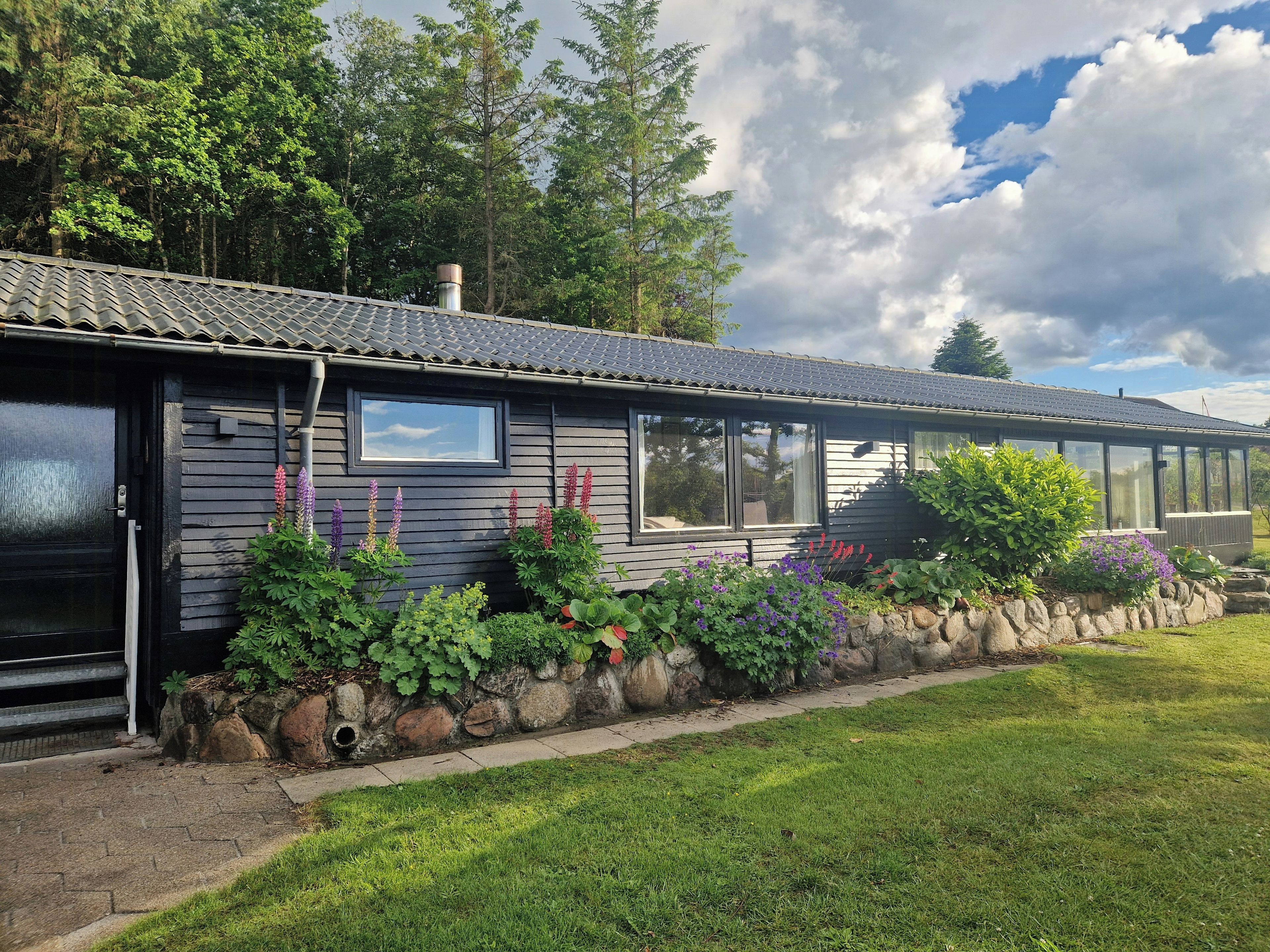 A modern house with a stone wall, large windows, and a garden with various plants.