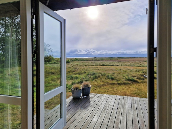 An open door leading to a wooden deck with two potted plants, overlooking a grassy field and distant mountains under a cloudy sky. - Beach house with sea view near Hou beach (Hals)
