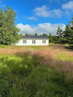 A single-story house with a white exterior and a dark roof, surrounded by a grassy field and trees. - Retro holiday home by Thy National Park (Bedsted)