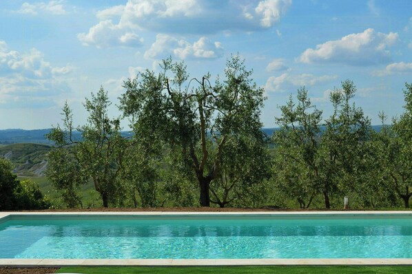 A swimming pool with a view of trees and distant hills. - Private pool stone villa overlooking Crete Senesi (Asciano)