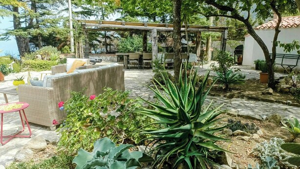 Een terras met rieten meubilair, een pergola en diverse planten.