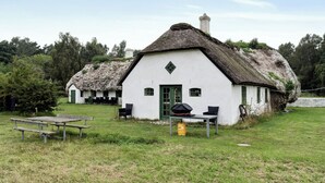 Un bâtiment blanc avec un toit de chaume, une porte verte et une petite fenêtre.