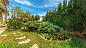 Een tuin met een vijver, paden en diverse planten.