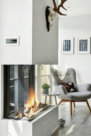 Ein modernes Interieur mit Kamin, montiertem Tierkopf und einem bequemen Sessel.