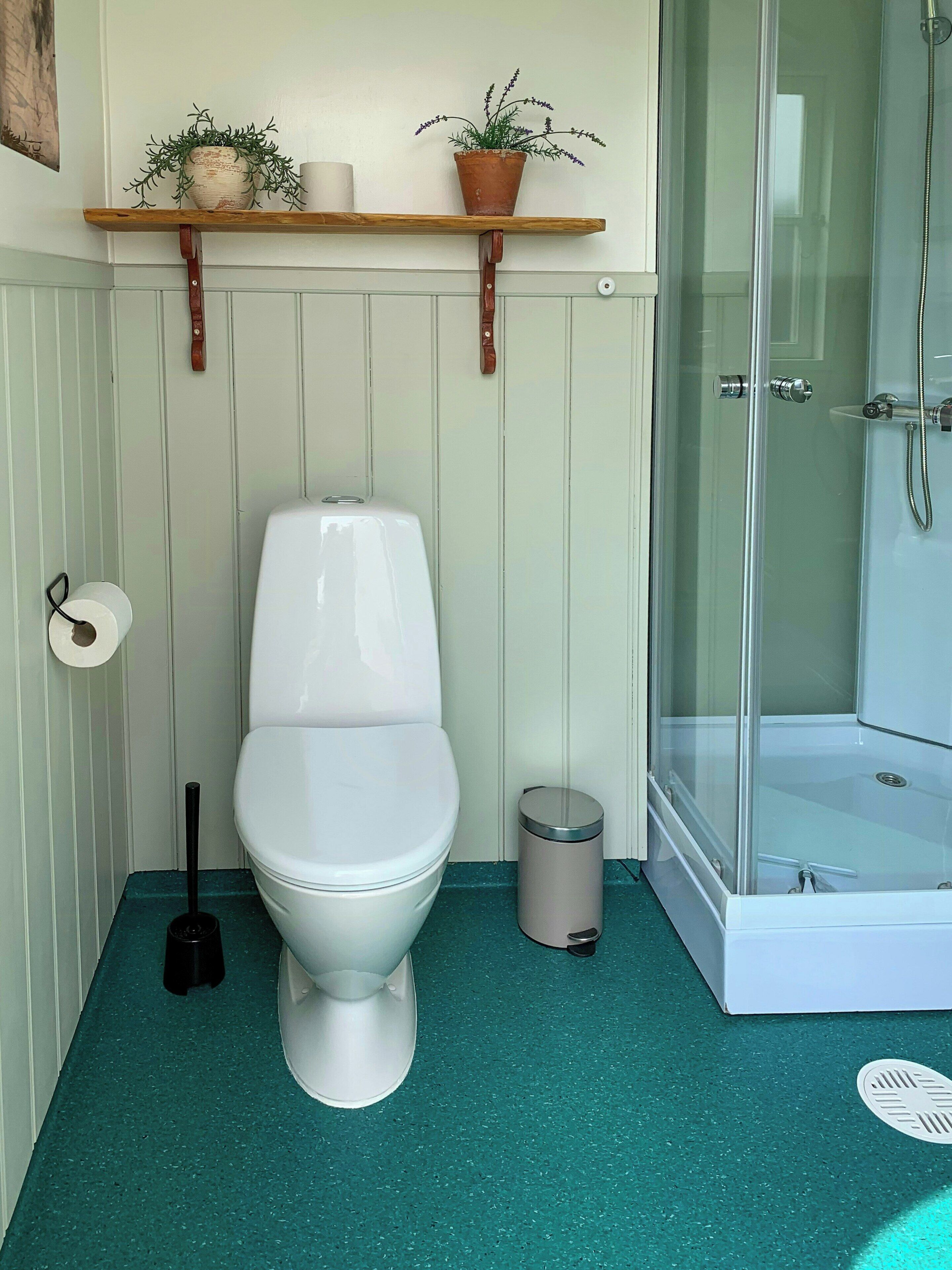Un bagno con un water, un bidet, un cestino, una doccia e due piante in vaso su uno scaffale.