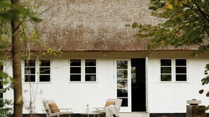 A white cottage with a thatched roof, a chimney, and a small garden with a chair and table.