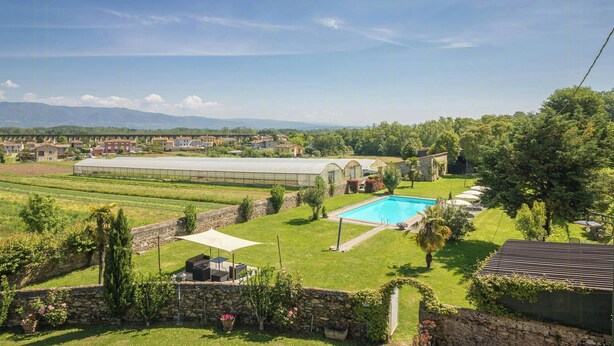 Un invernadero grande, una piscina y un césped bien cuidado con un muro de piedra y plantas en macetas.