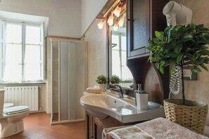 A bathroom with a shower, toilet, sink, and a hairdryer. - Sara. Spacious private pool apartment near Lucca (Capannori)