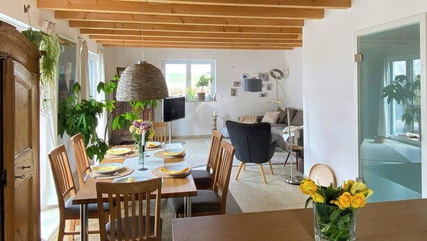 Un comedor con mobiliario de madera, lámpara colgante y plantas en macetas.