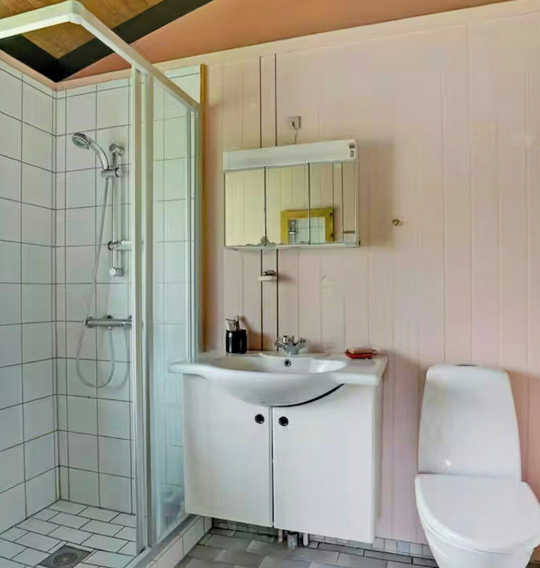 A bathroom with a shower, sink, mirror, and toilet.