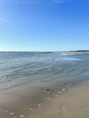 A beach with clear water, a sandy shore, and a distant tree line. - Here, time is tuned into intimacy and coziness (Hadsund)