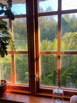 Ein schmiedeeisernes Fenster mit Blick auf einen üppigen Garten.