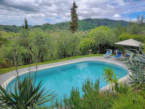Ein Schwimmbecken mit Liegestühlen und Sonnenschirmen, umgeben von Grünpflanzen und Hügeln.