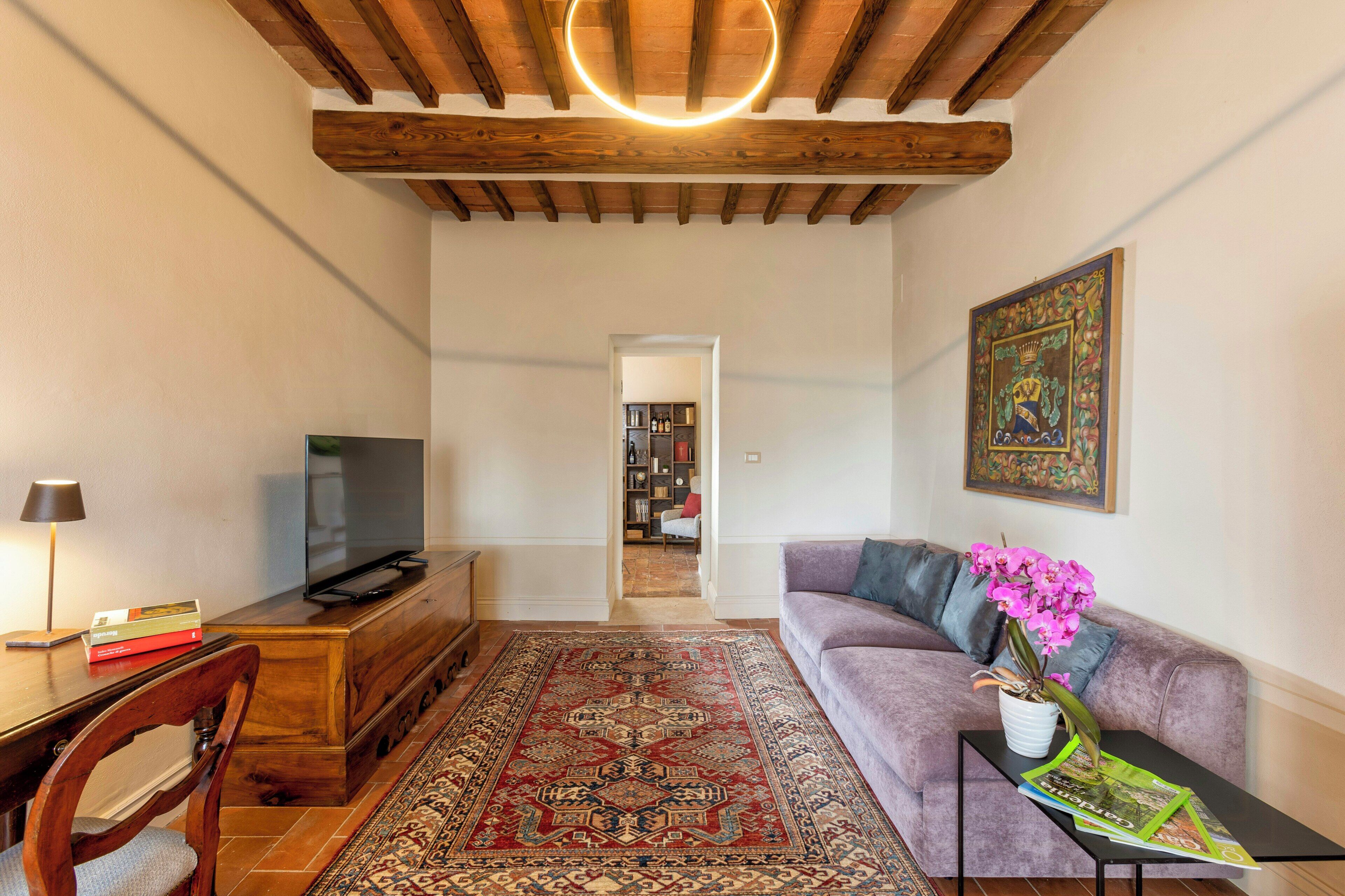 A living room with a sofa, a TV, a wooden coffee table, a rug, and a potted plant.