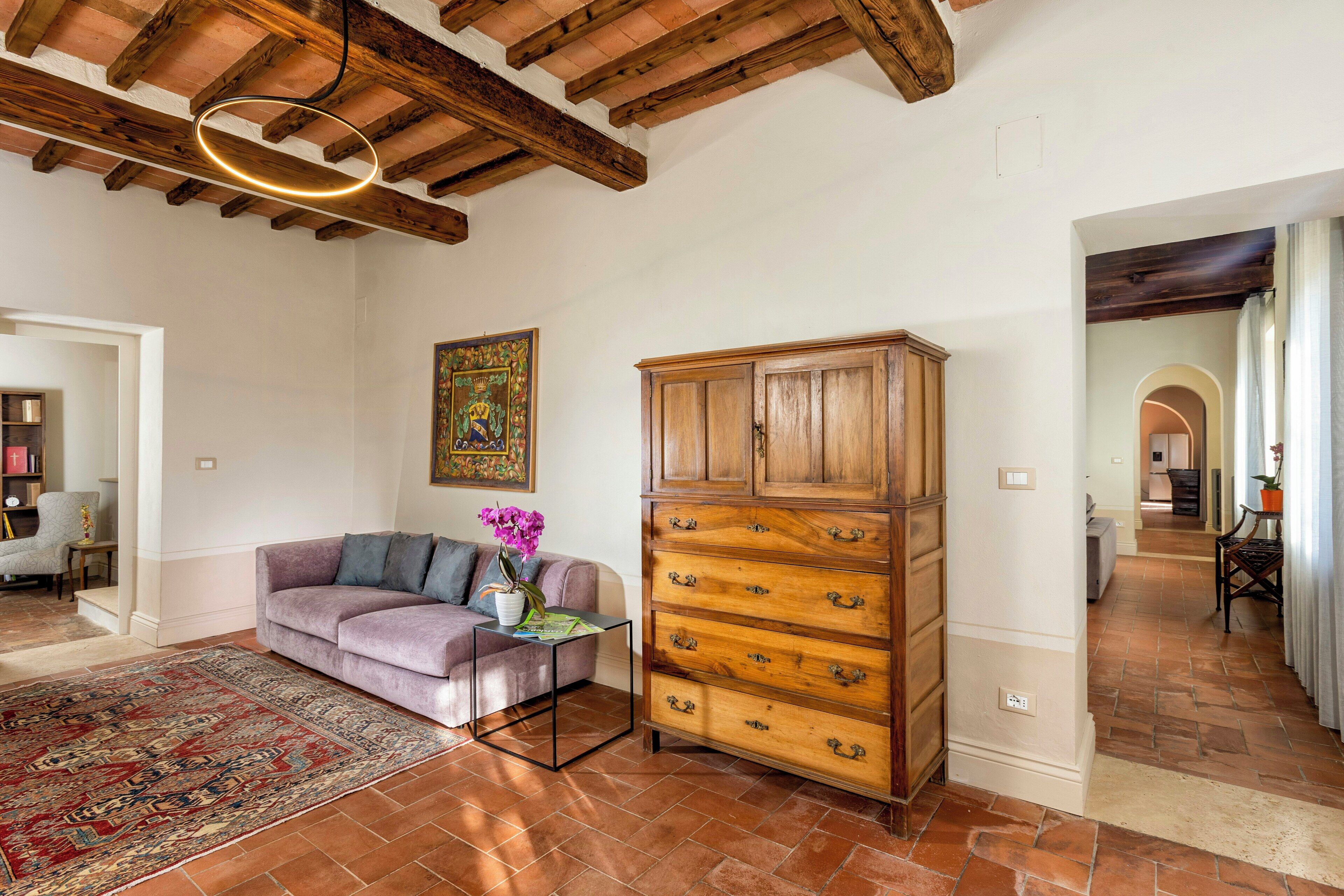 A living room with a sofa, a wooden cabinet, a hanging light fixture, and a patterned rug.