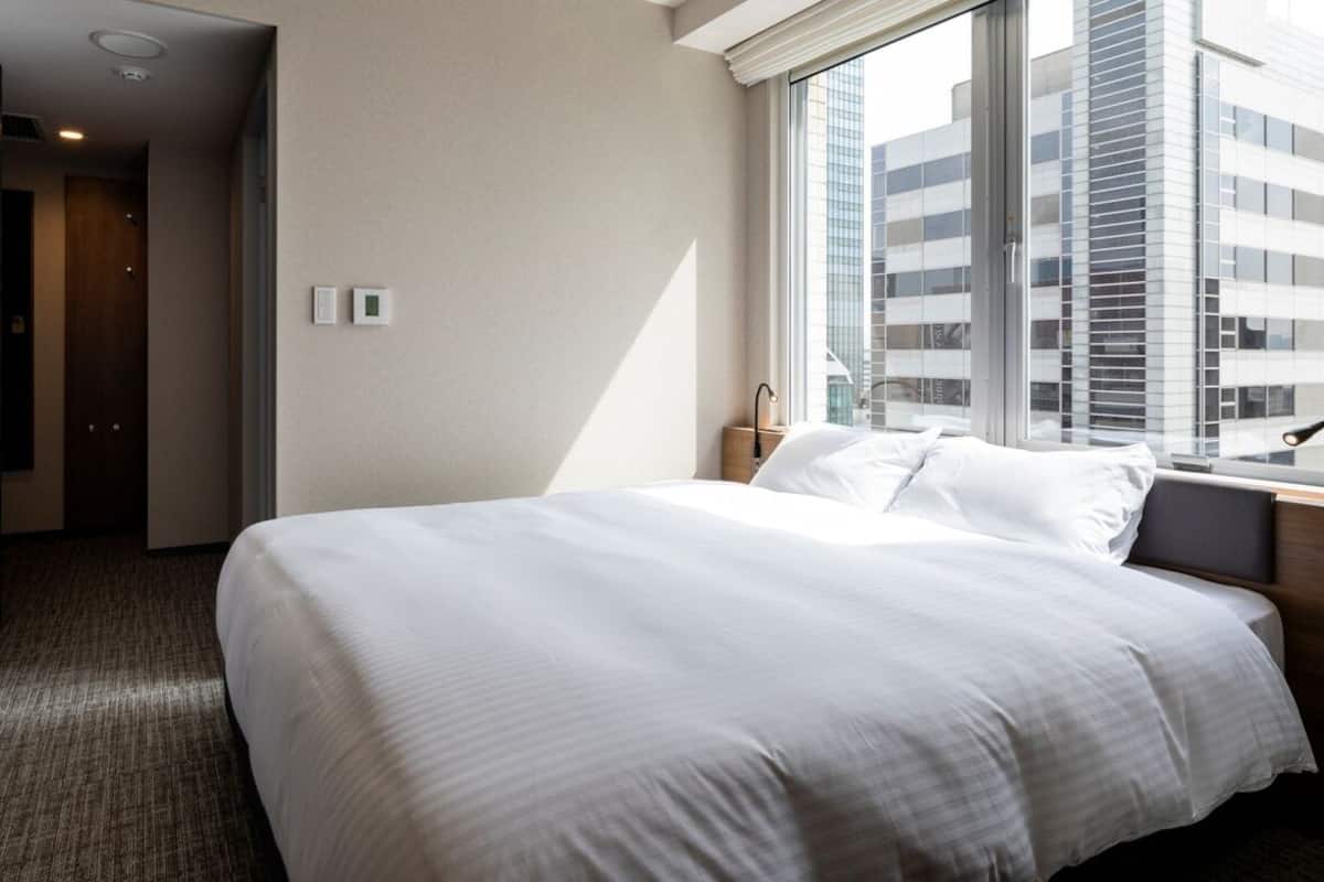 A hotel room with a large bed, a window with a city view, a door, and a wall-mounted television.