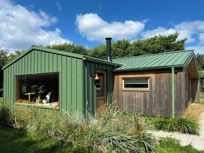 A green metal shed with a chimney, a wooden structure with a window, and a dog inside.