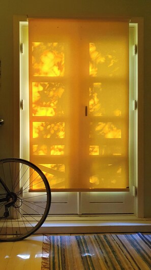 Ein Zimmer mit einer Schiebeglastür, ein Fahrrad im Vordergrund und ein gemustertes Teppich.