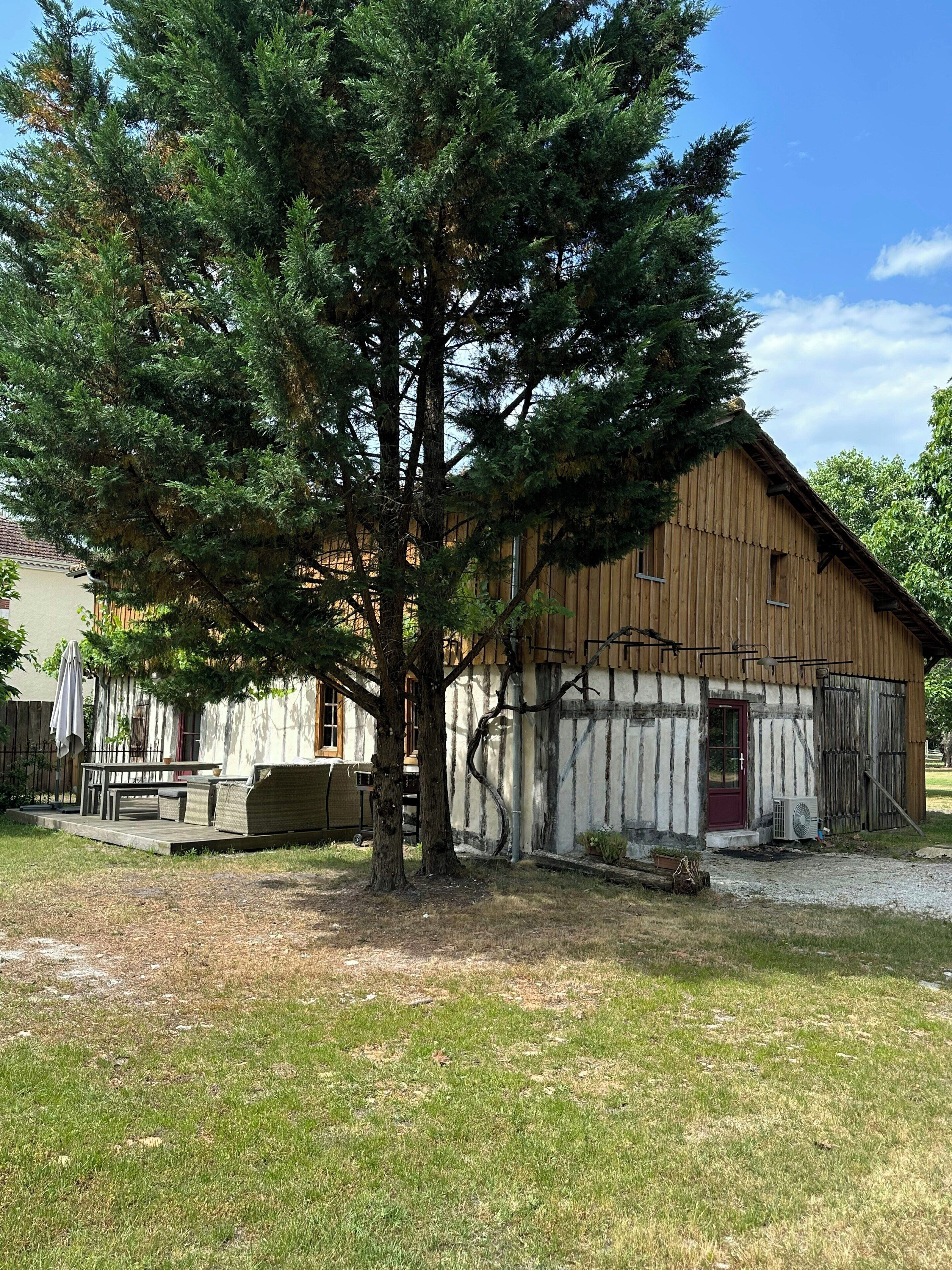 A wooden building with a large tree in front, a patio with furniture, and a clear sky.