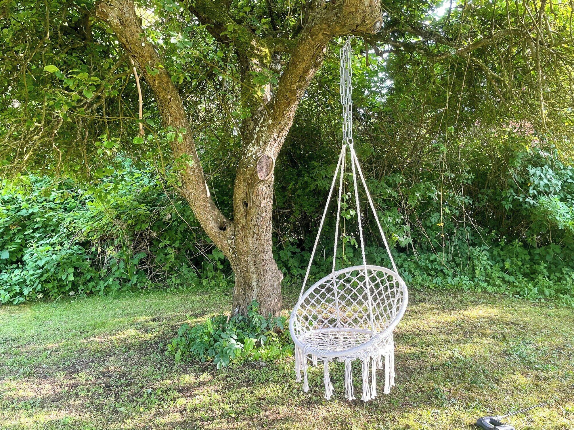 A white macramé swing chair suspended from a tree in a lush garden.