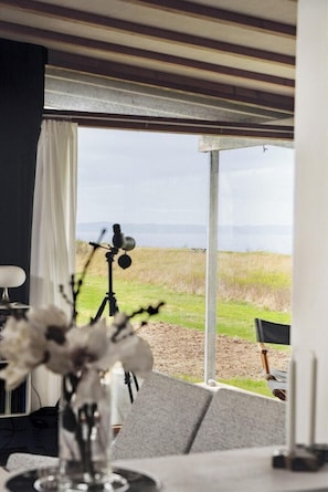 Ein Zimmer mit einem großen Fenster, einem Teleskop, einem Tisch mit Blumenvase und einem Sessel.
