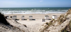 A beach with white beach huts aligned in a row, a sandy beach, and the ocean in the background. - Black wooden house in scenic surroundings (Blokhus)