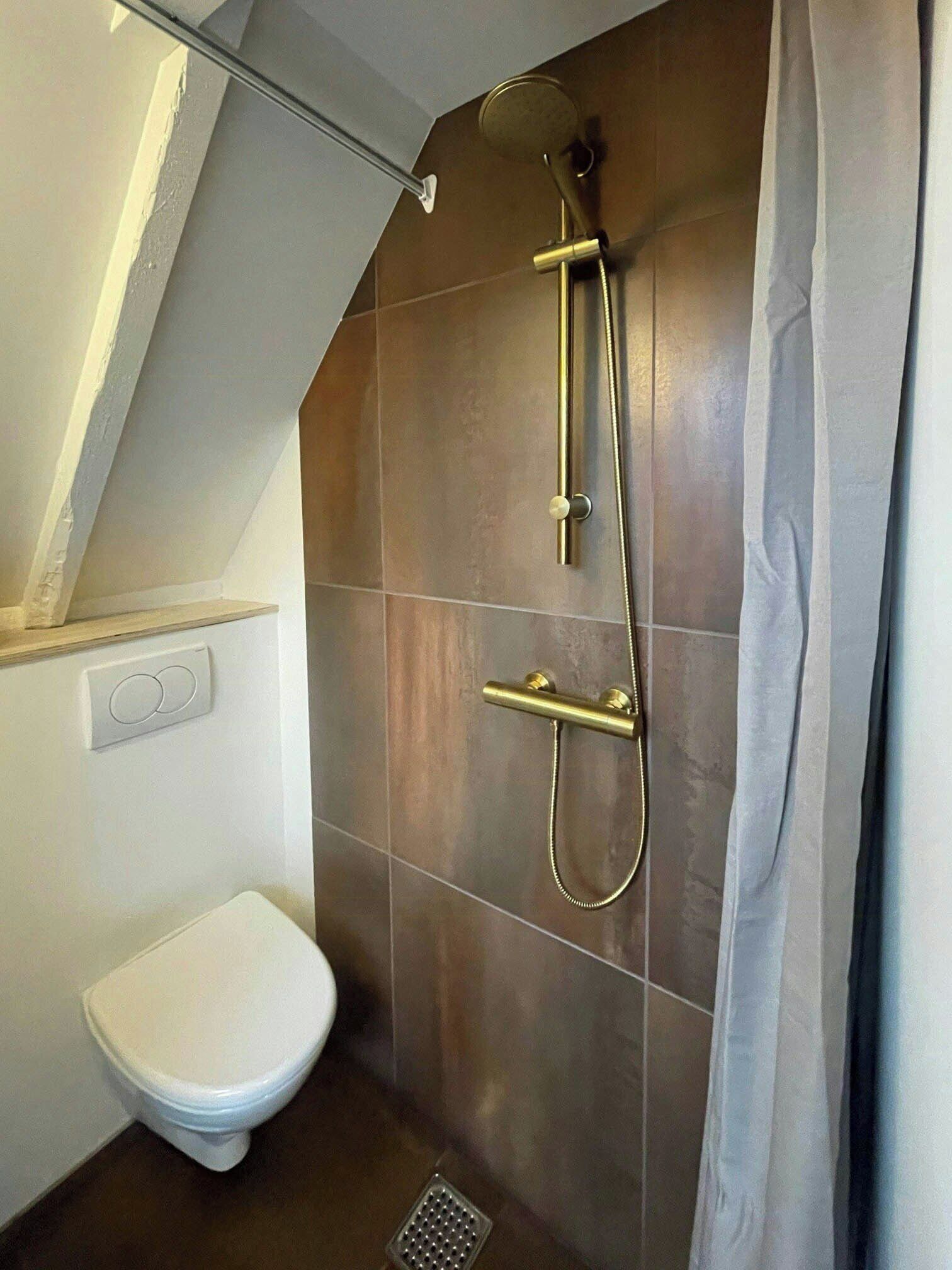 A bathroom with a shower, toilet, and a vent.