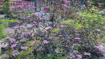 Un jardín con un pabellón, rodeado de grava y rocas, y un edificio al fondo.